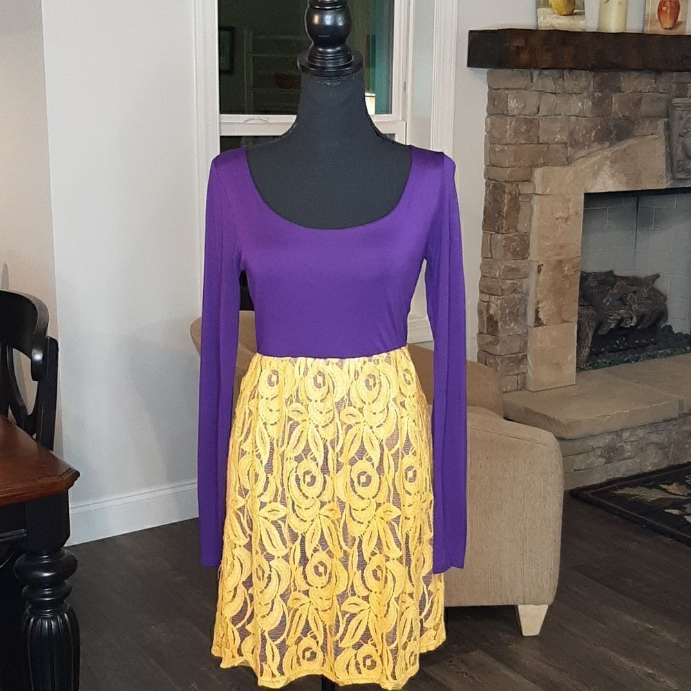 Color Me Red Purple with Gold Lace Layover Long Sleeve Dress